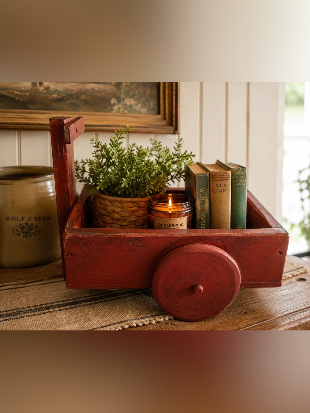 Wolf Creek Primitive Wooden Cart Rustic Red Farmhouse Decor 11” Vintage Style